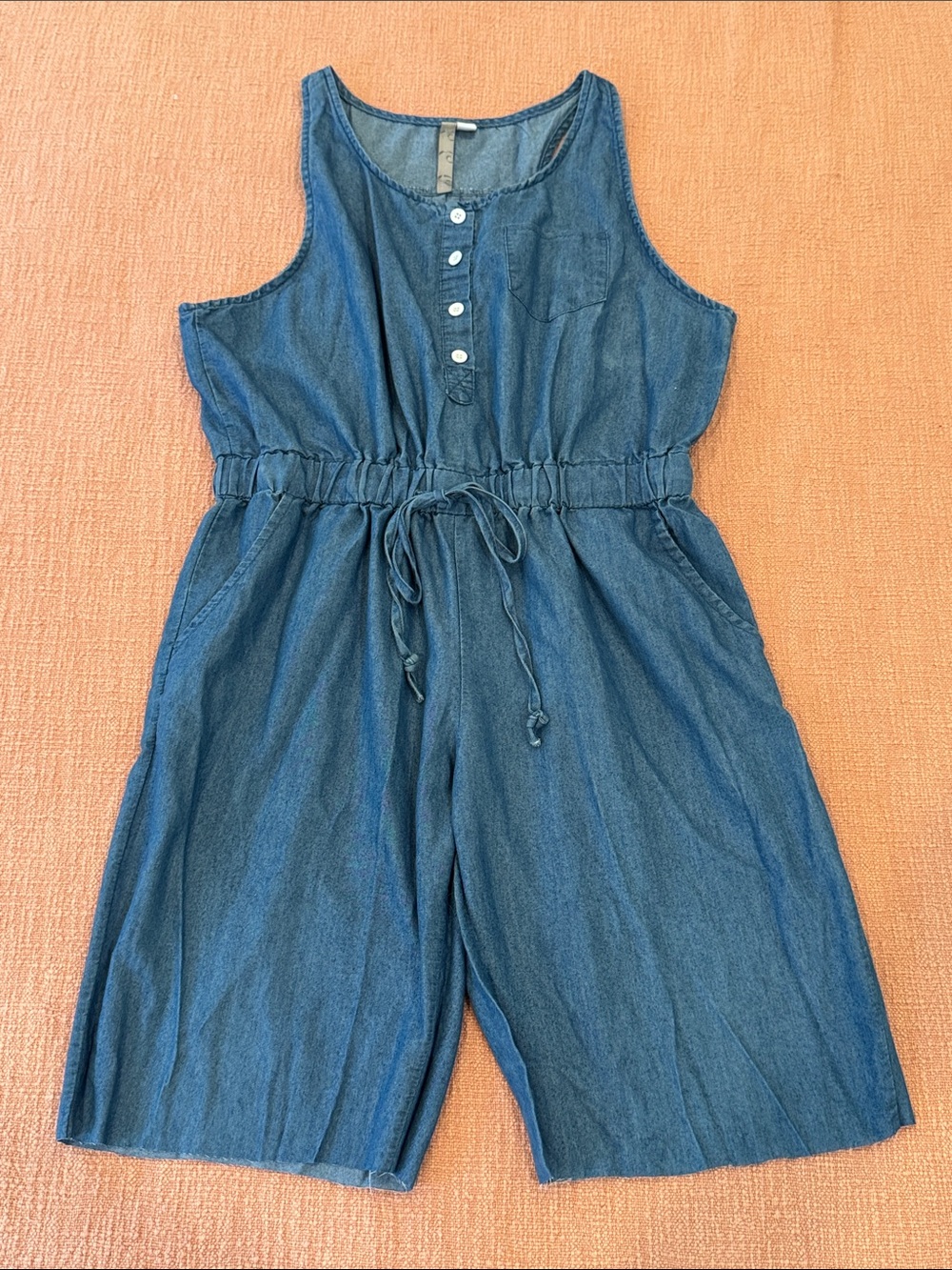Sleeveless Blue Denim summer Romper with Drawstring Waist XL